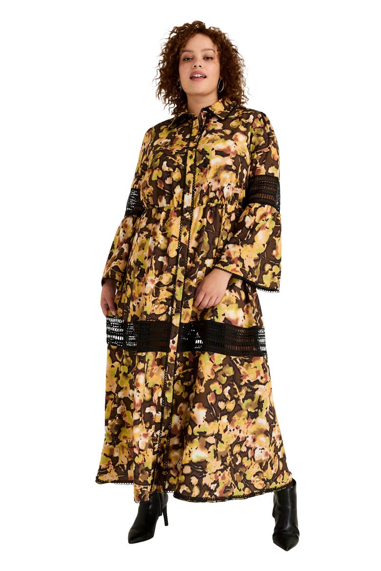 Lace-Panelled Midi Shirt Dress, Main, color, WATERCOLOR FLORAL
