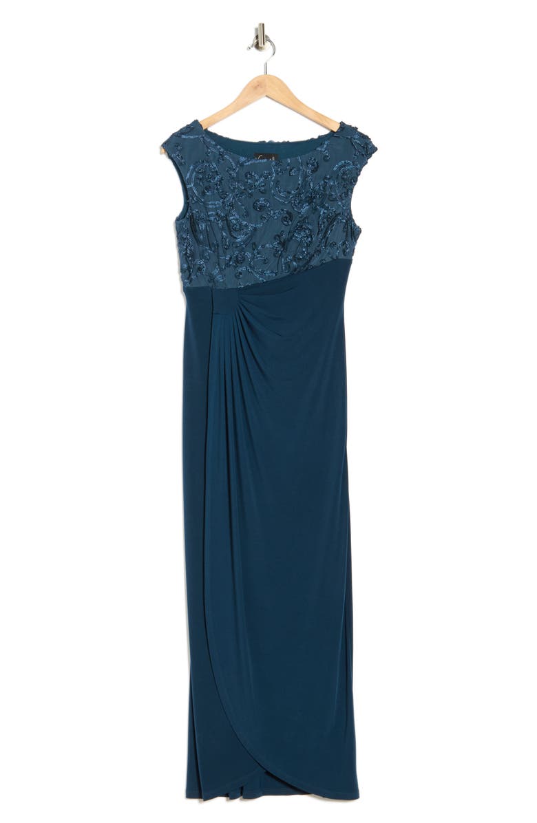 Connected Apparel Soutache Sleeveless Faux Wrap Gown, Alternate, color, Marine