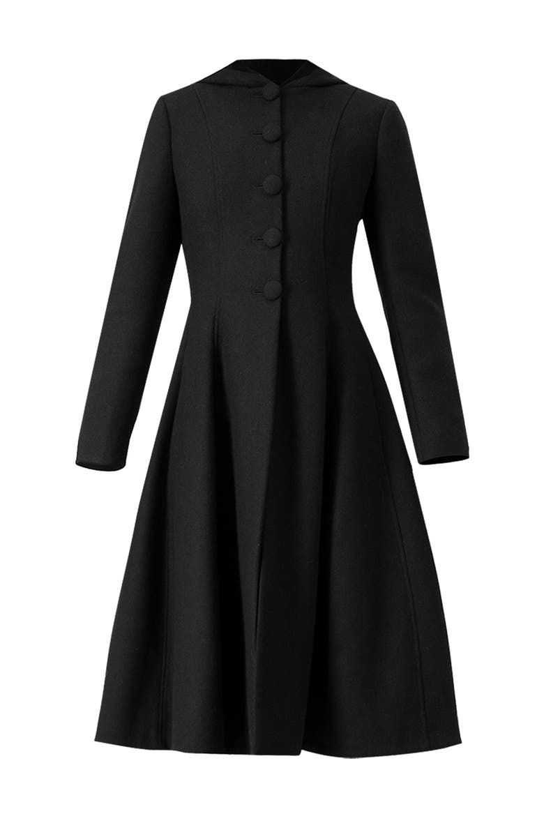 Hooded Button-Front Wool-Blend Midi Swing Coat, Alternate, color, Black