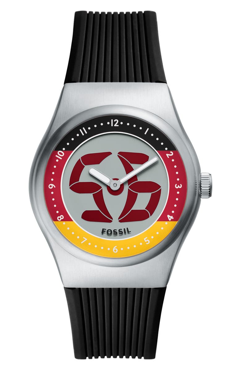 Fossil World Flags Big Tic<sup>®</sup> Anadigi Silicone Strap Watch, 40mm, Main, color, Black
