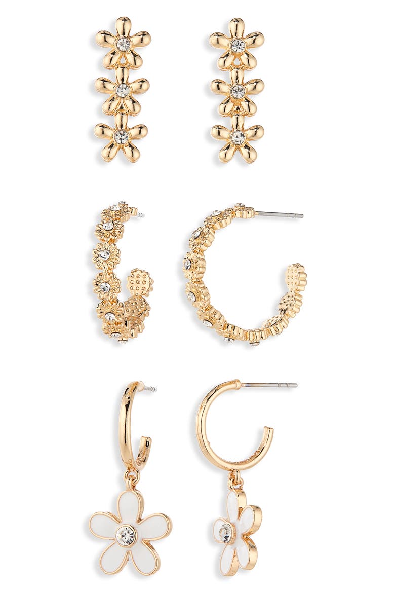 Showered with Flowers Set of 3 Linear Stud & Hoop Earrings, Alternate, color, GOLD