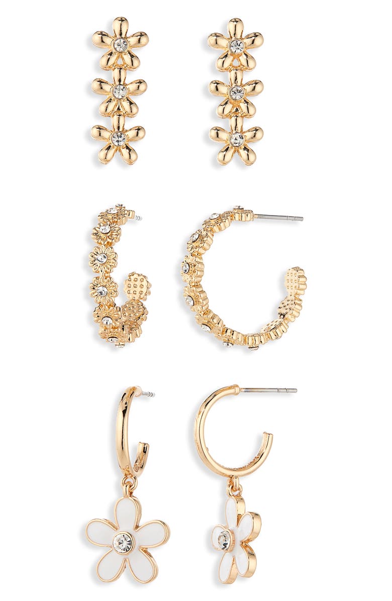 BaubleBar Showered with Flowers Set of 3 Linear Stud & Hoop Earrings, Alternate, color, Gold