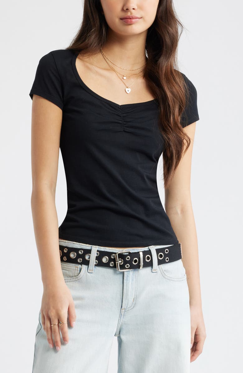 BP. Ruched Front Cotton T-Shirt, Main, color, Black