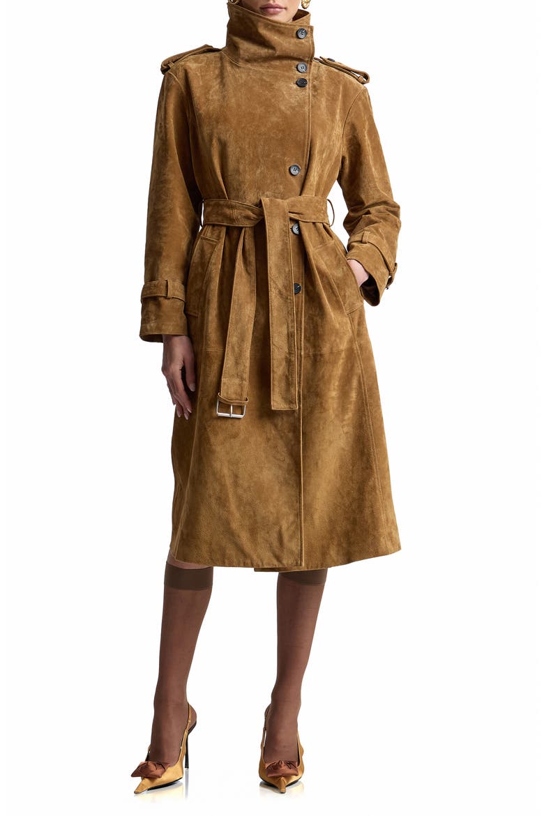Funnel Neck Slouchy Leather Trench Coat, Main, color, WHISKEY