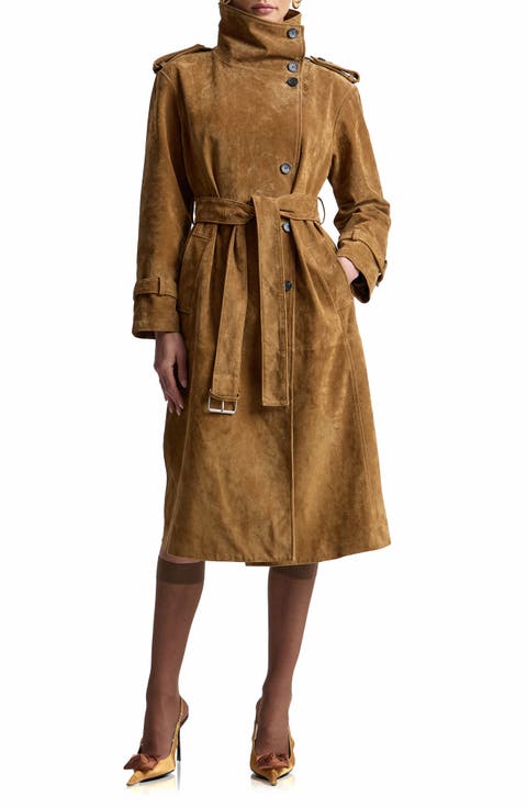Funnel Neck Slouchy Leather Trench Coat