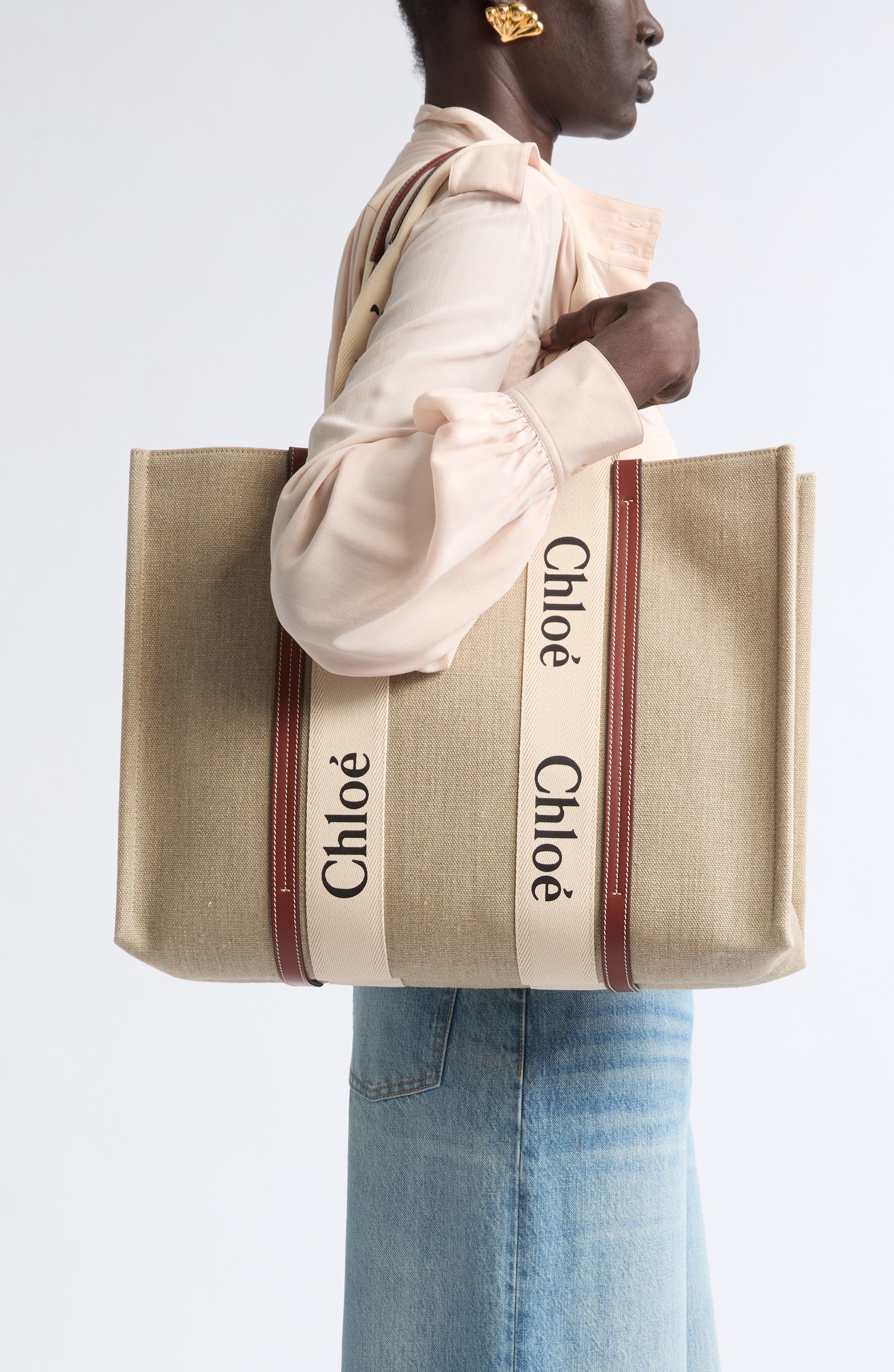 Large Woody Linen Tote, Alternate, color, WHITE - BROWN 1