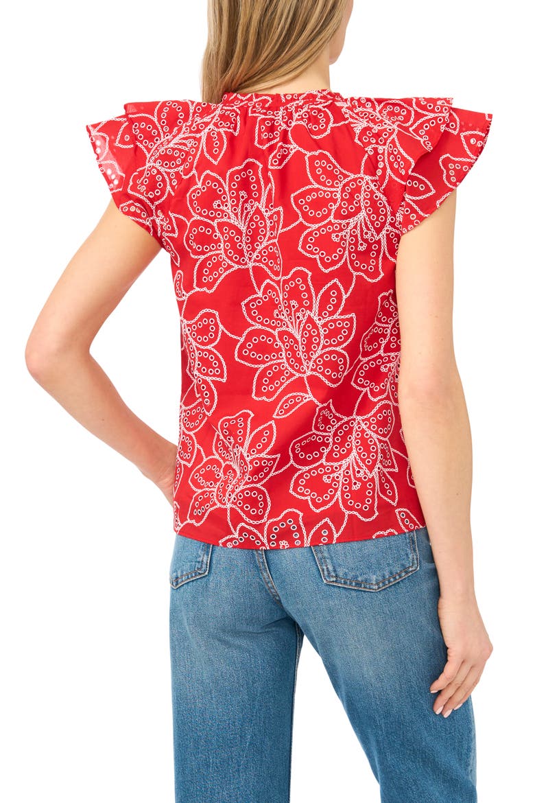 Floral Flutter Sleeve Tie Neck Top, Alternate, color, CLASSIC CHERRY