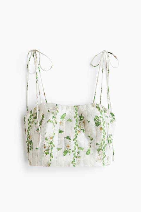 Pleated Linen-blend Crop Top