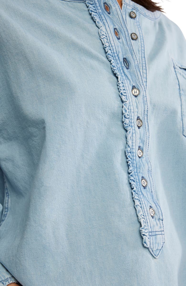 Free People Dreaming Ruffle Oversize Chambray Shirt, Alternate, color, So Soft Light Wash