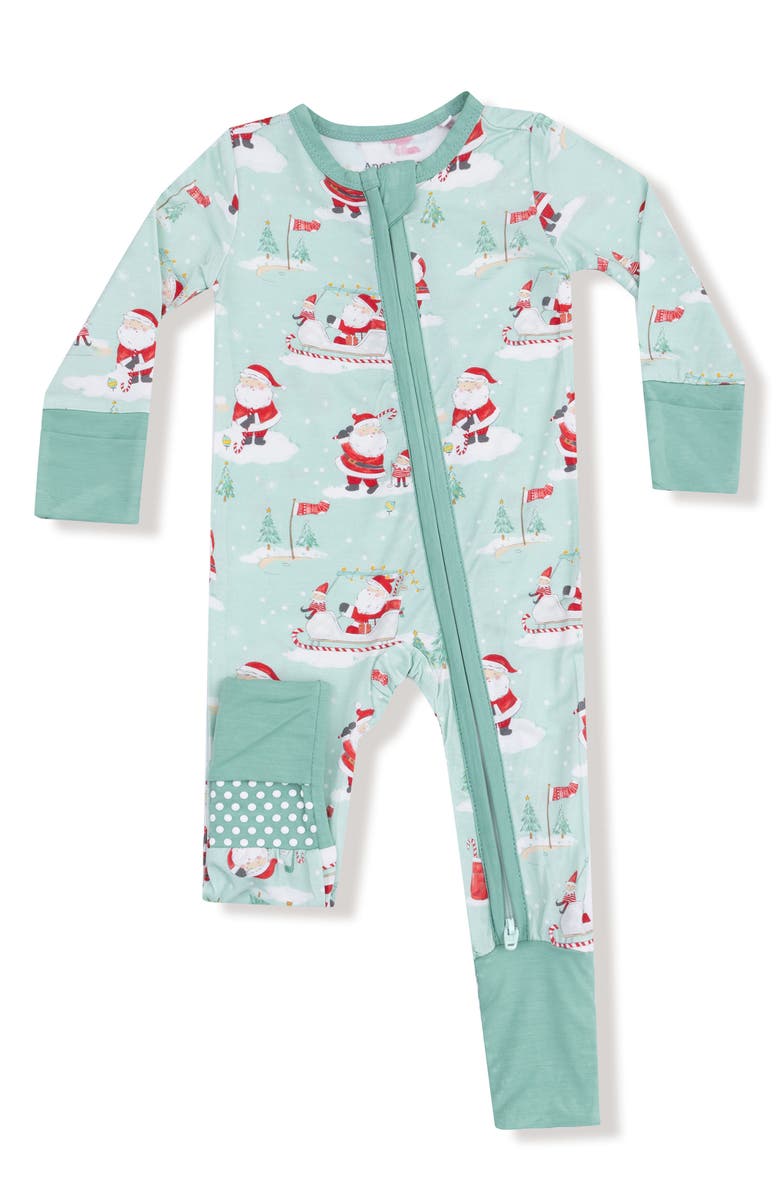 Angel Dear Golfing Santa & Elves Print Convertible Zip Footie, Main, color, Light Green/ Dark Green