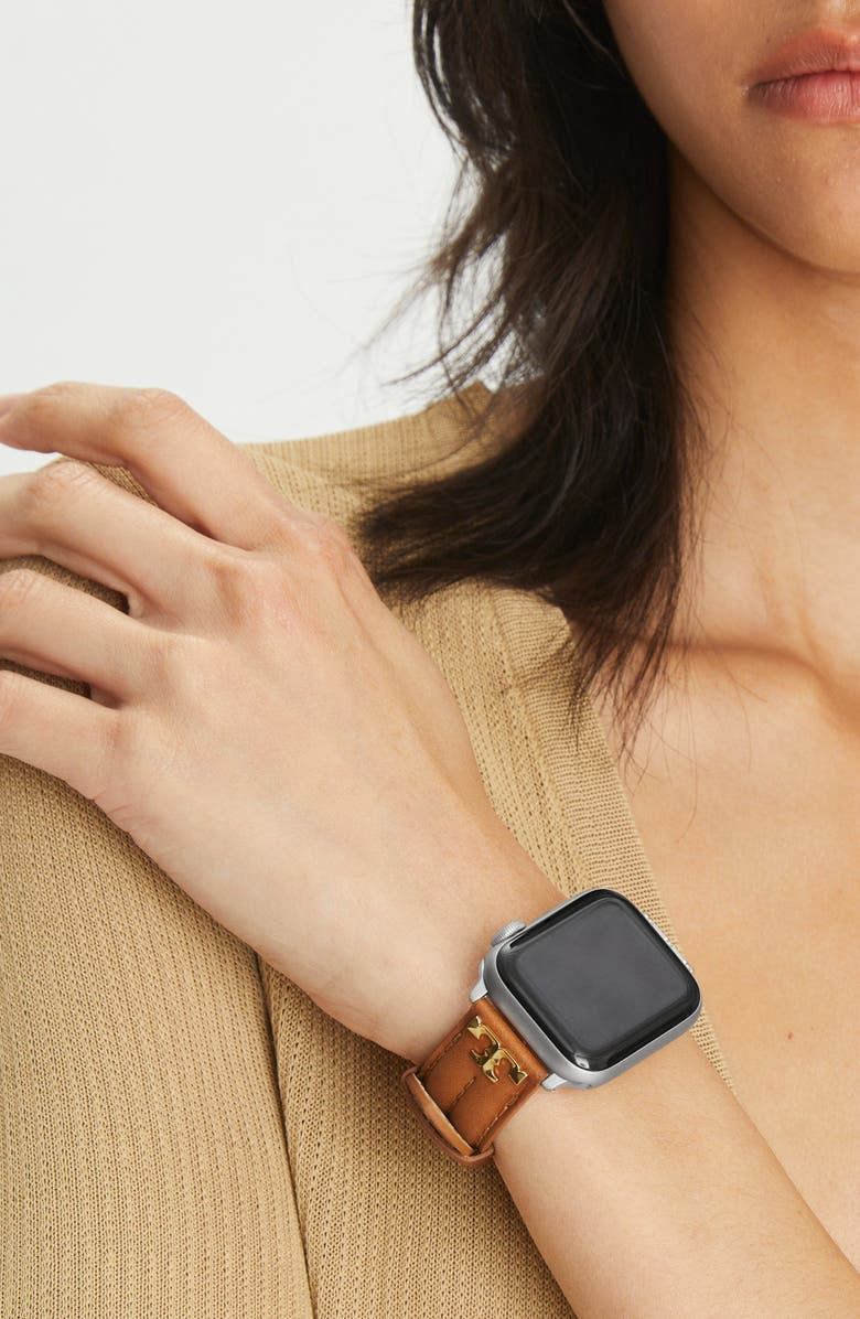 Tory Burch The Kira Leather 20mm Apple Watch<sup>®</sup> Watchband, Alternate, color, Brown