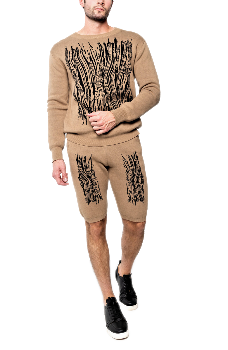 Dai Moda Men's Caviar Embroidery Print Sweater Shorts, Alternate, color, Wheat