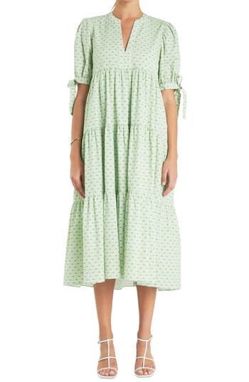 ENGLISH FACTORY ENGLISH FACTORY GEO PRINT TIERED COTTON MIDI DRESS