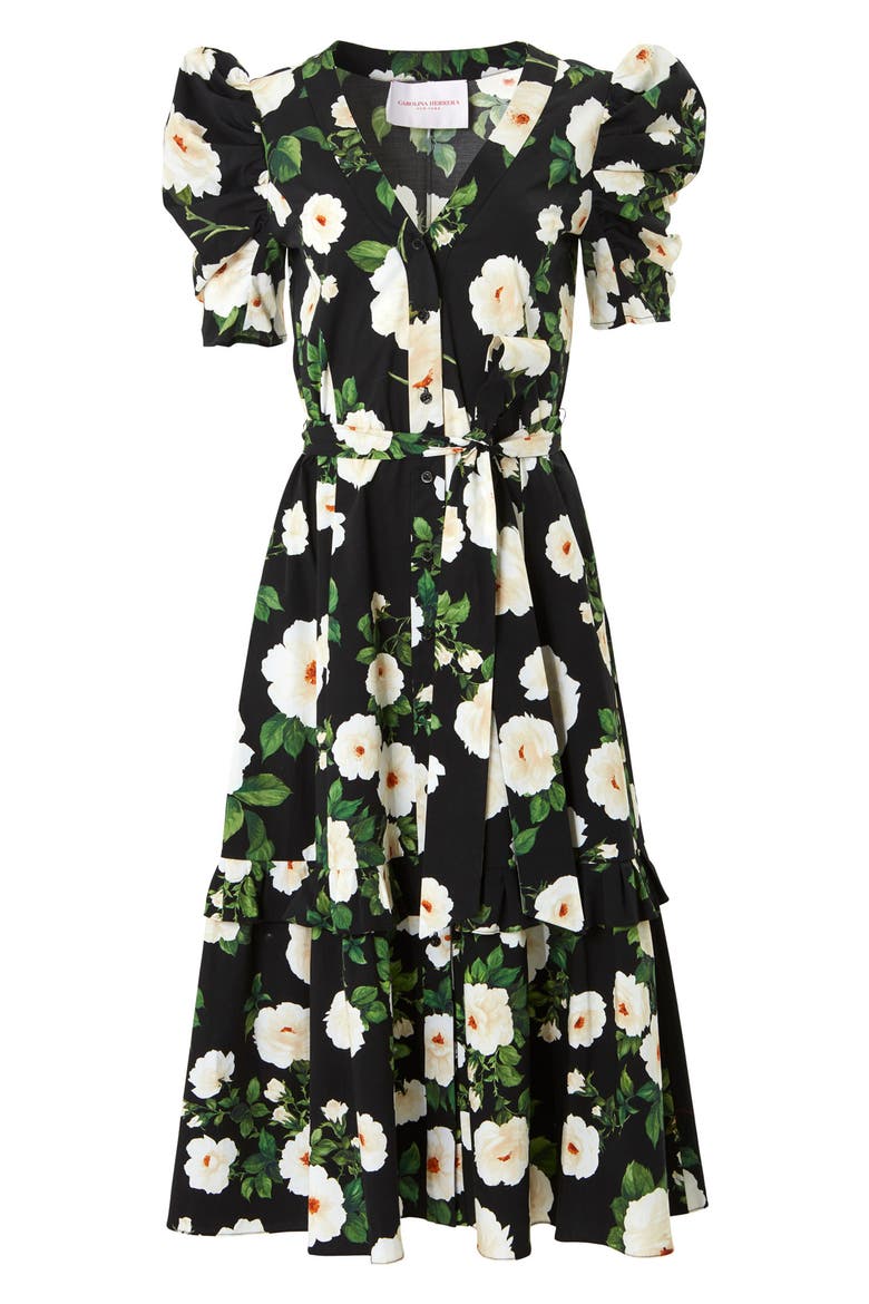 Floral Puff Sleeve Stretch Midi Dress, Alternate, color, BLACK MULTI