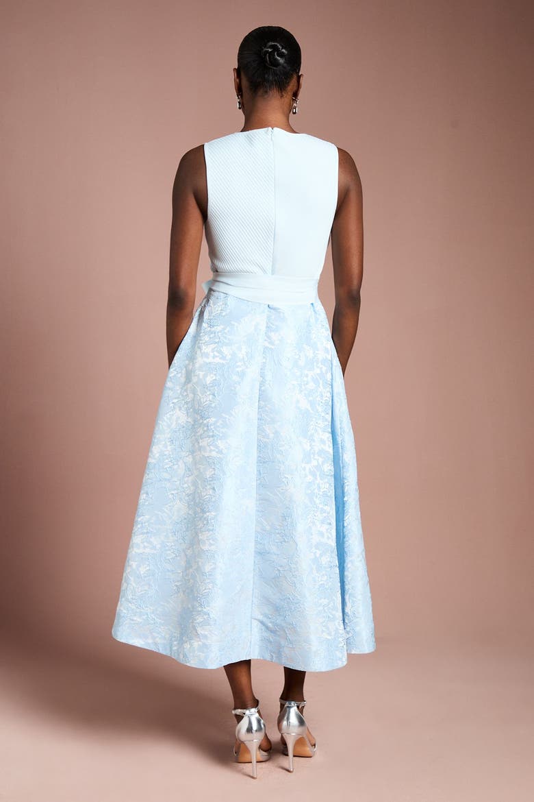 Bandage V-Neck Jacquard Midi Dress, Alternate, color, Light Blue