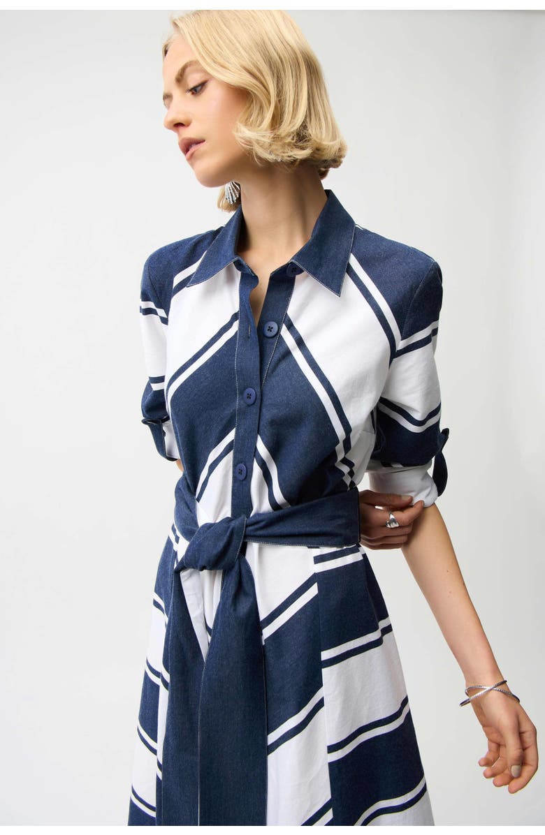 Joseph Ribkoff Cotton Stripe Print Fit and Flare Shirt Dress with Reversible Sash, Alternate, color, Navy/White