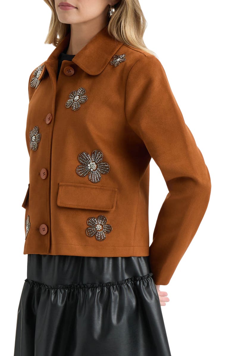 NVLT Beaded Floral Faux Suede Jacket, Alternate, color, Luggage
