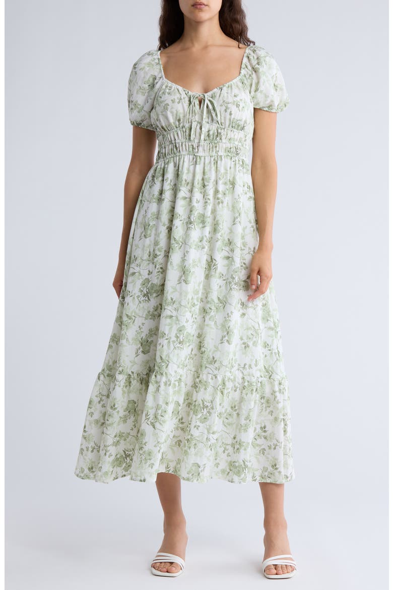Floral Puff Sleeve Midi Dress, Main, color, OLIVE MULTI
