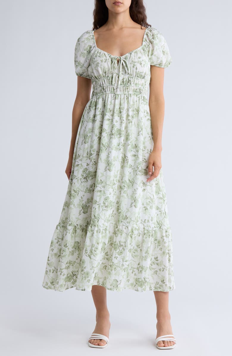 AUGUST SKY Floral Puff Sleeve Midi Dress, Main, color, Olive Multi
