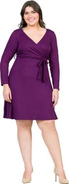 24seven Comfort Apparel Plus Size Chic V-Neck Long Sleeve Belted Dress