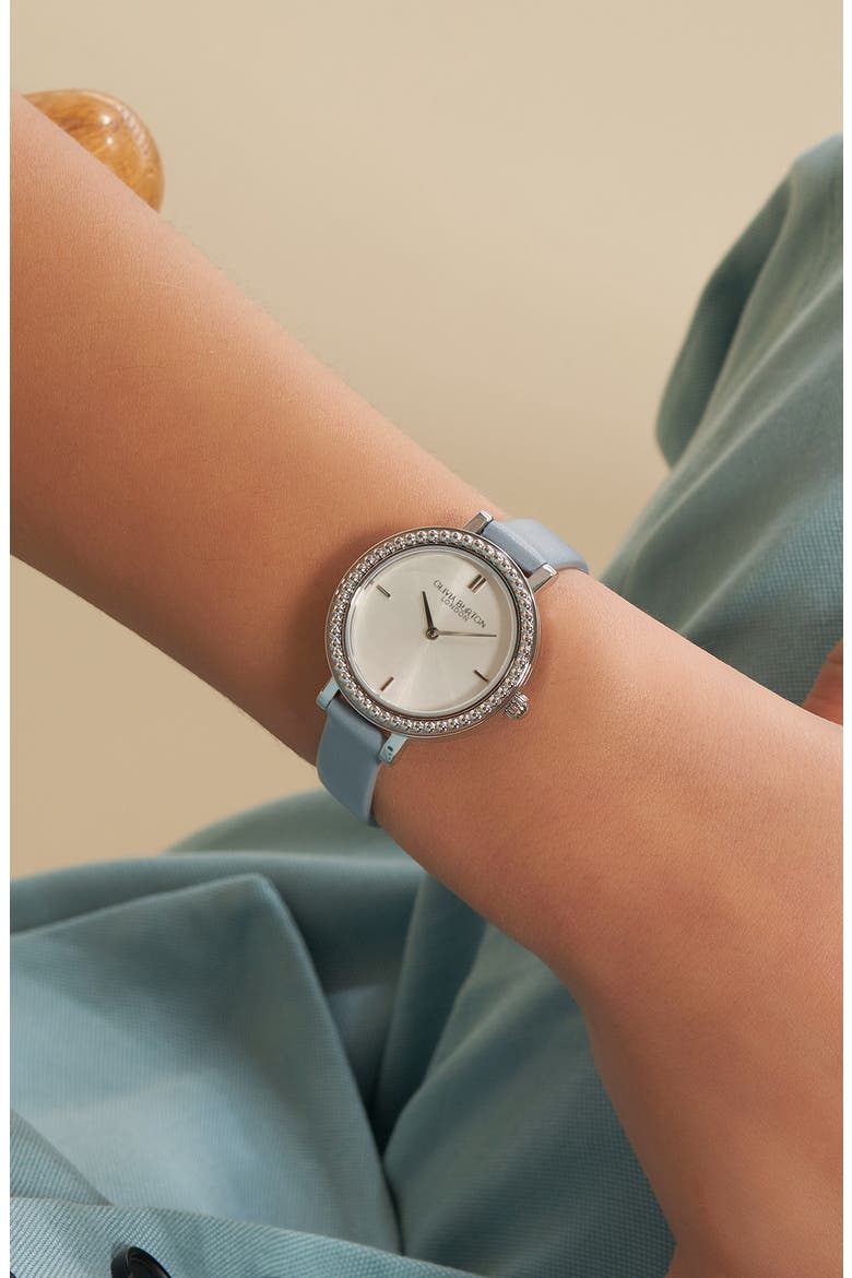 Art Deco Bead Leather Strap Watch, 30.5mm, Alternate, color, SILVER