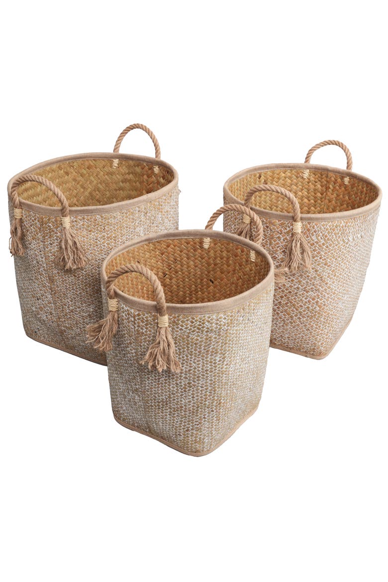 Celia Handwoven Palm Leaf Nesting Storage Baskets with Rope Handles, Main, color, Natural/White