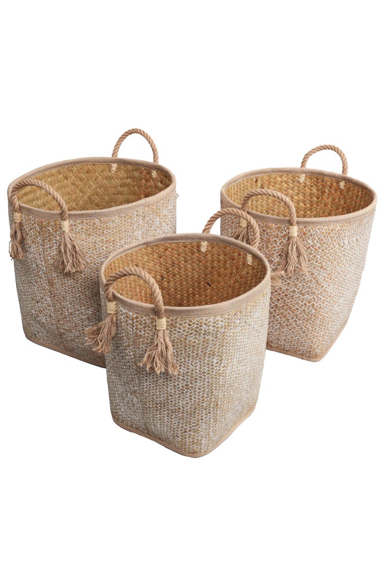 HAPPIMESS Celia Handwoven Palm Leaf Nesting Storage Baskets with Rope Handles, Main, color, Natural/White