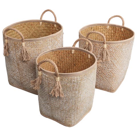 Celia Handwoven Palm Leaf Nesting Storage Baskets with Rope Handles (Set of 3)