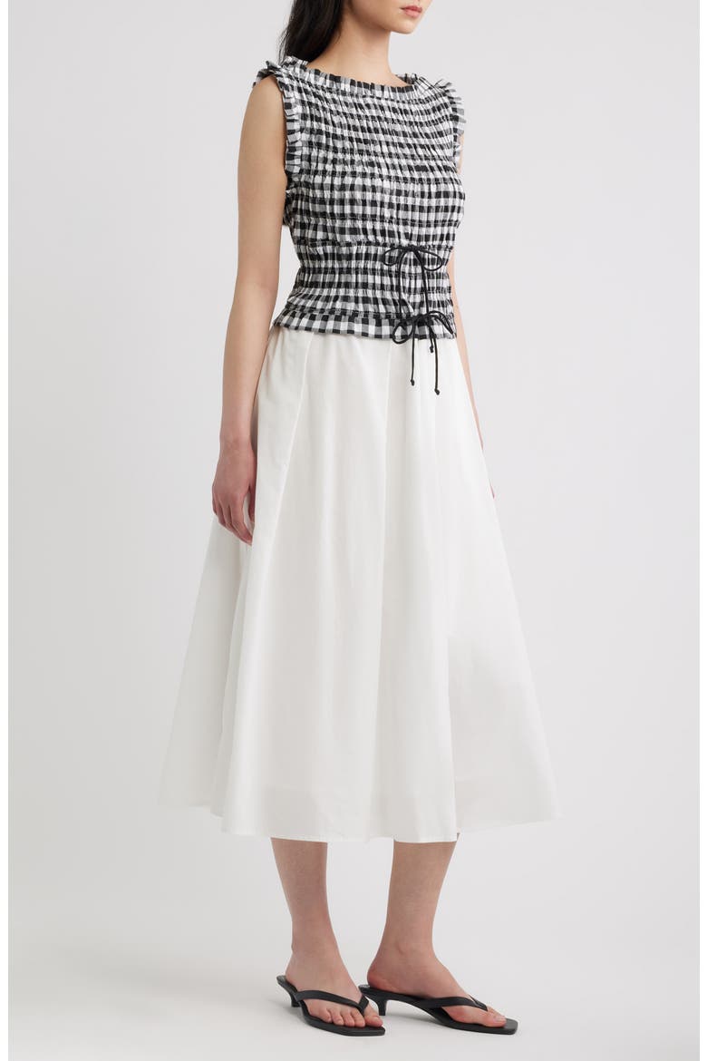 Maelle Gingham Smocked Two Tone Midi Dress, Main, color, BLACK