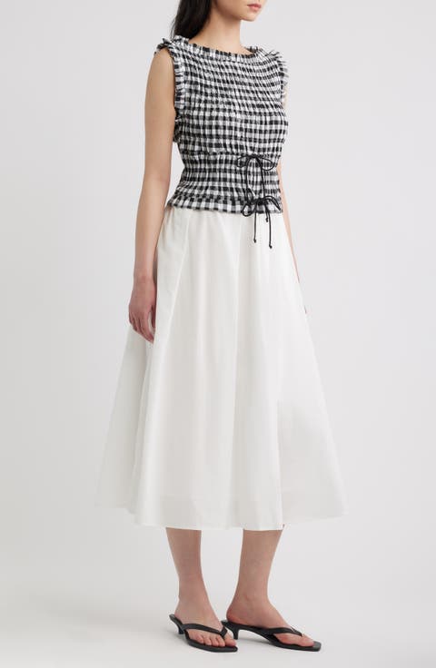 Maelle Gingham Smocked Two Tone Midi Dress