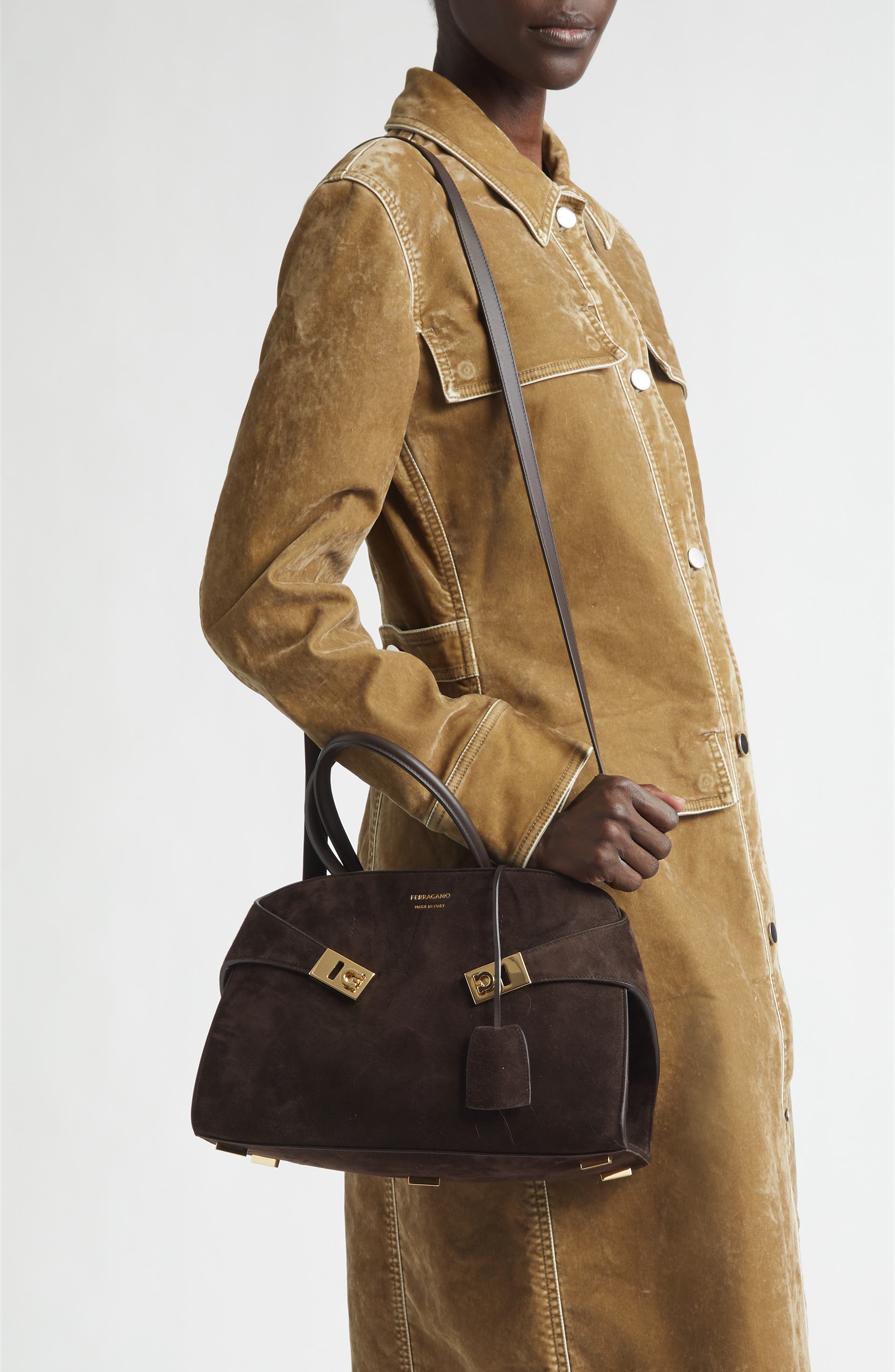 FERRAGAMO Small Hug Leather Top Handle Bag, Alternate, color, Testa Di Moro