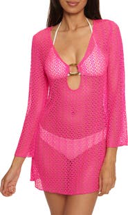 BECCA Metallic Long Sleeve Sheer Cover-Up Dress