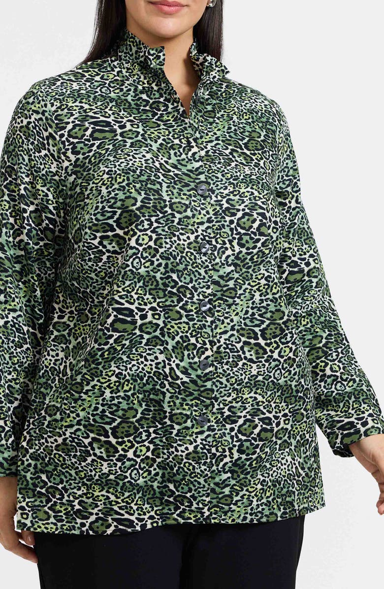 Foxcroft Carolina Leopard Print Cotton Sateen Button-Up Shirt, Alternate, color, Basil Green/ Multi