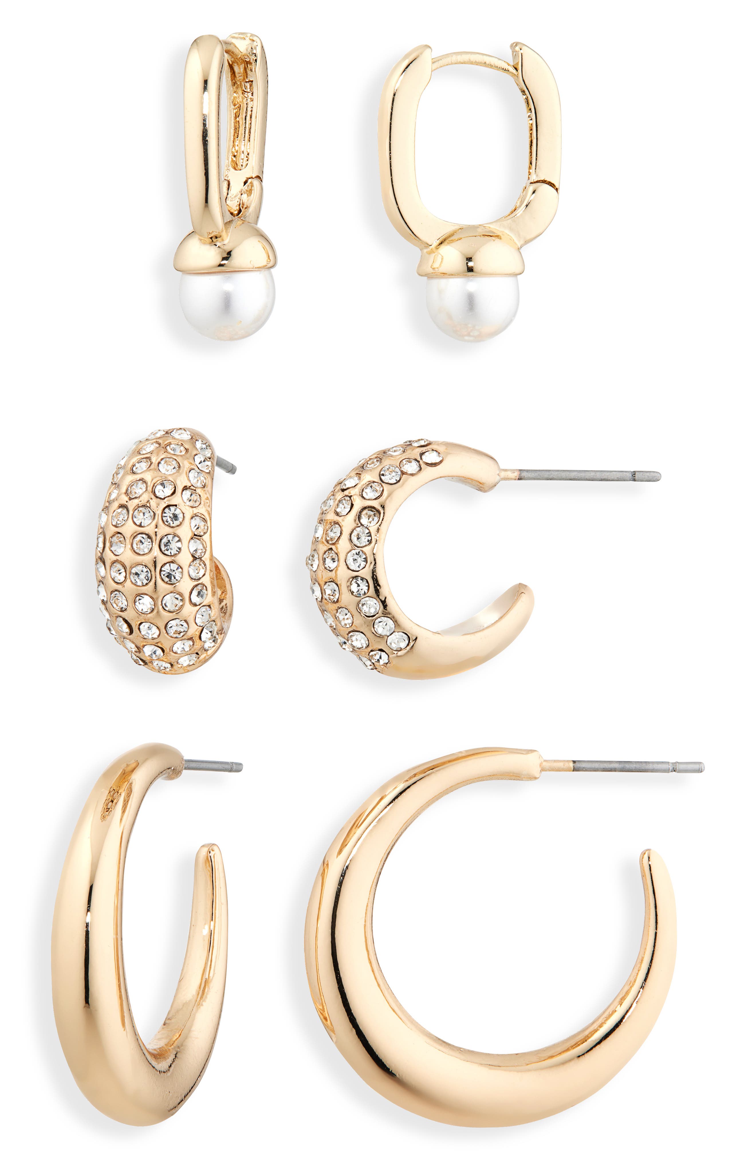 NORDSTROM RACK Set of 3 Faux Pearl, Pavé Crystal & Crescent Hoop Earrings