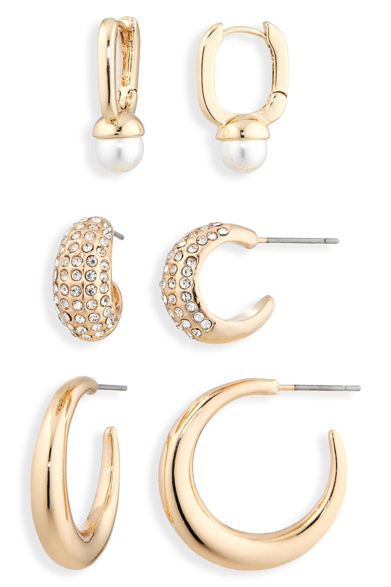 Set of 3 Faux Pearl, Pavé Crystal & Crescent Hoop Earrings, Main, color, CLEAR- WHITE- GOLD