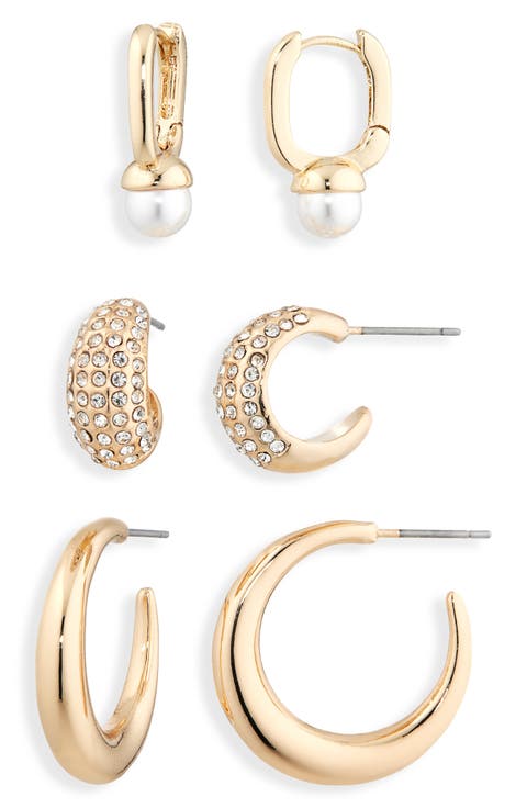 Set of 3 Faux Pearl, Pavé Crystal & Crescent Hoop Earrings