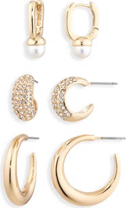 NORDSTROM RACK Set of 3 Faux Pearl, Pavé Crystal & Crescent Hoop Earrings