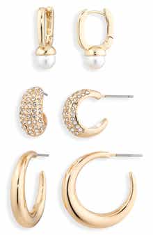 NORDSTROM RACK Set of 3 Faux Pearl, Pavé Crystal & Crescent Hoop Earrings