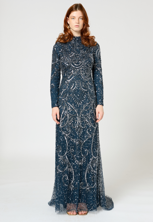 MARYISA MARYISA OCCASION MODEST EMBELLISHED SEQUIN BEADED HIGH NECK EVENING MAXI DRESS 