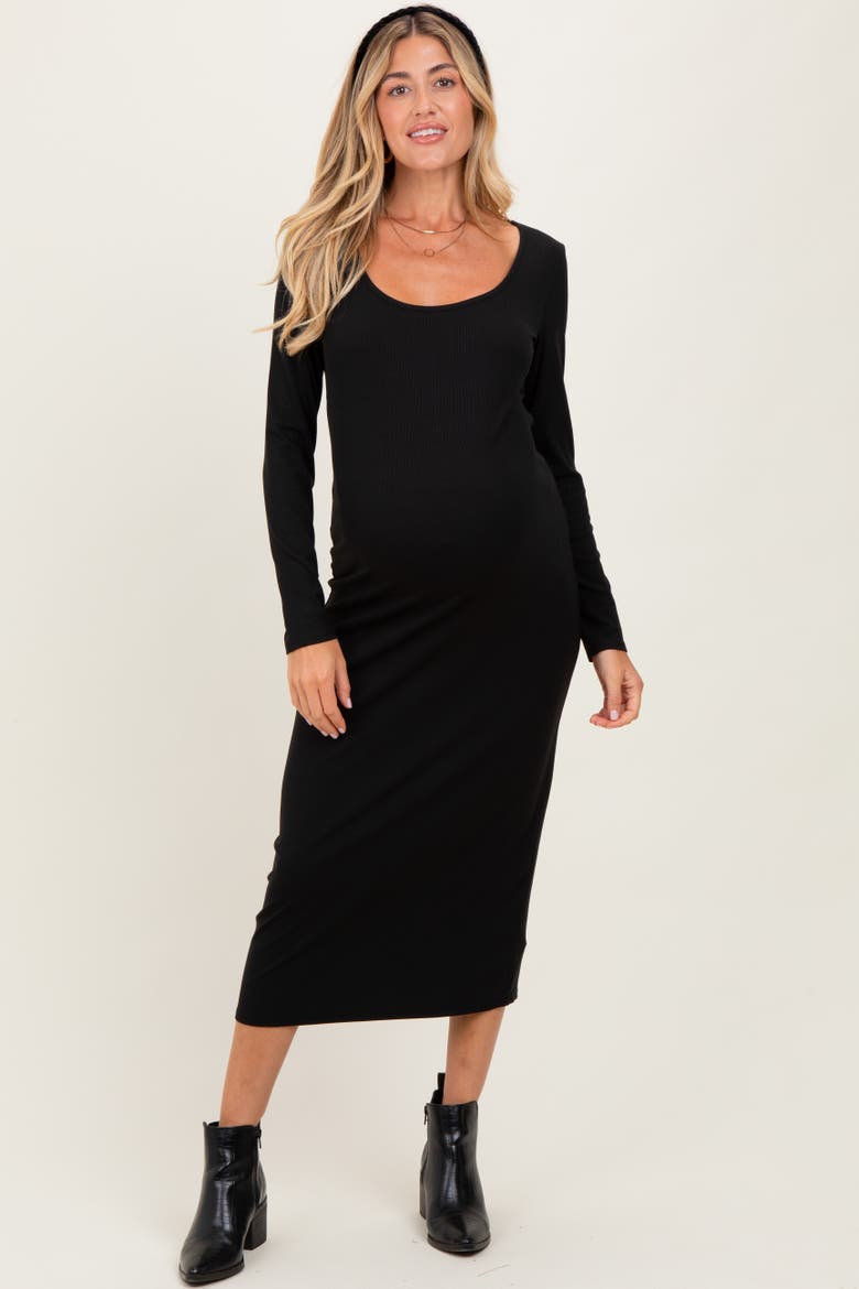 Scoop Neck Long Sleeve Midi Dress, Main, color, Black