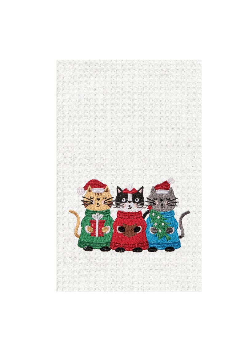 Christmas Caroling Cats Embroidered Cotton Waffle Weave Kitchen Dishtowel, Alternate, color, White