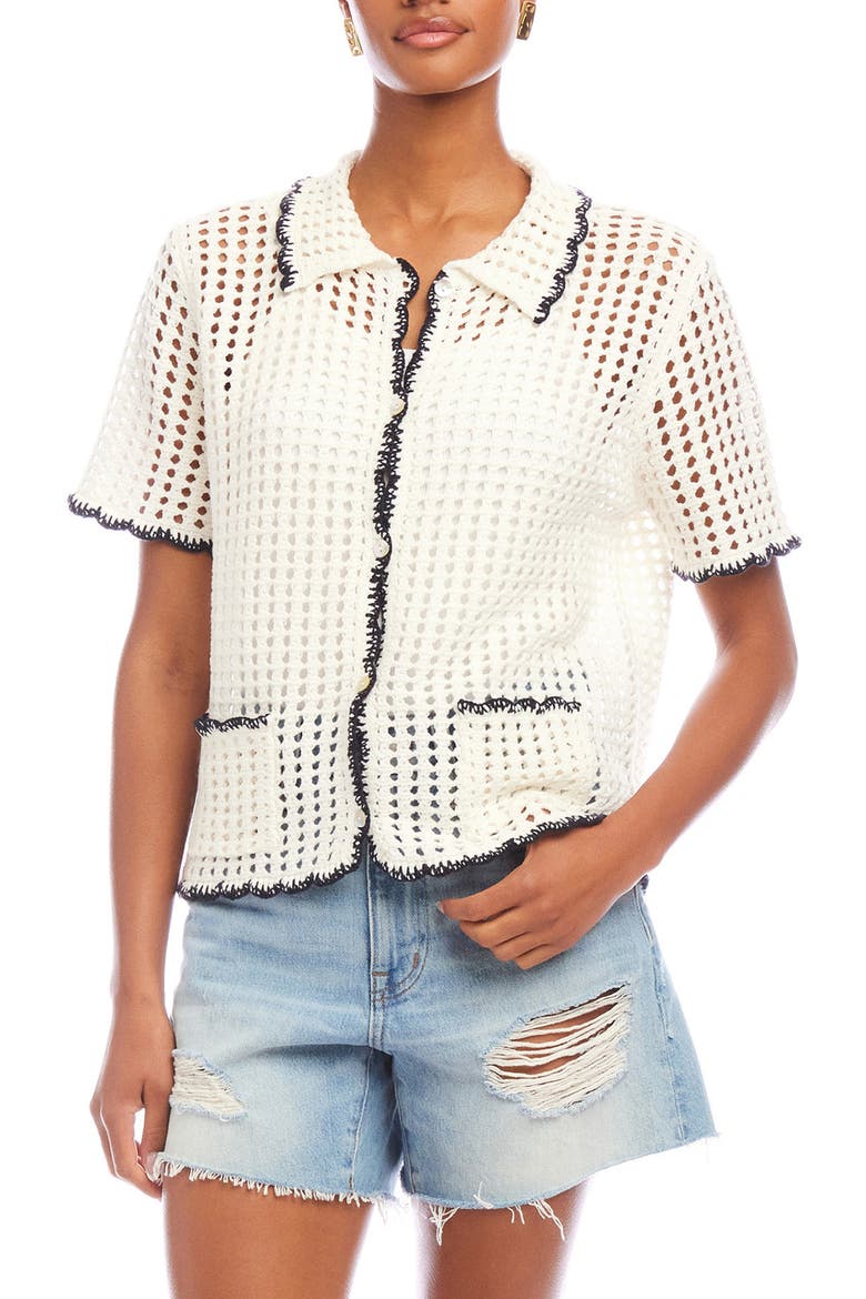 Gemma Open Knit Button-Up Shirt, Main, color, OFF WHITE / NAVY