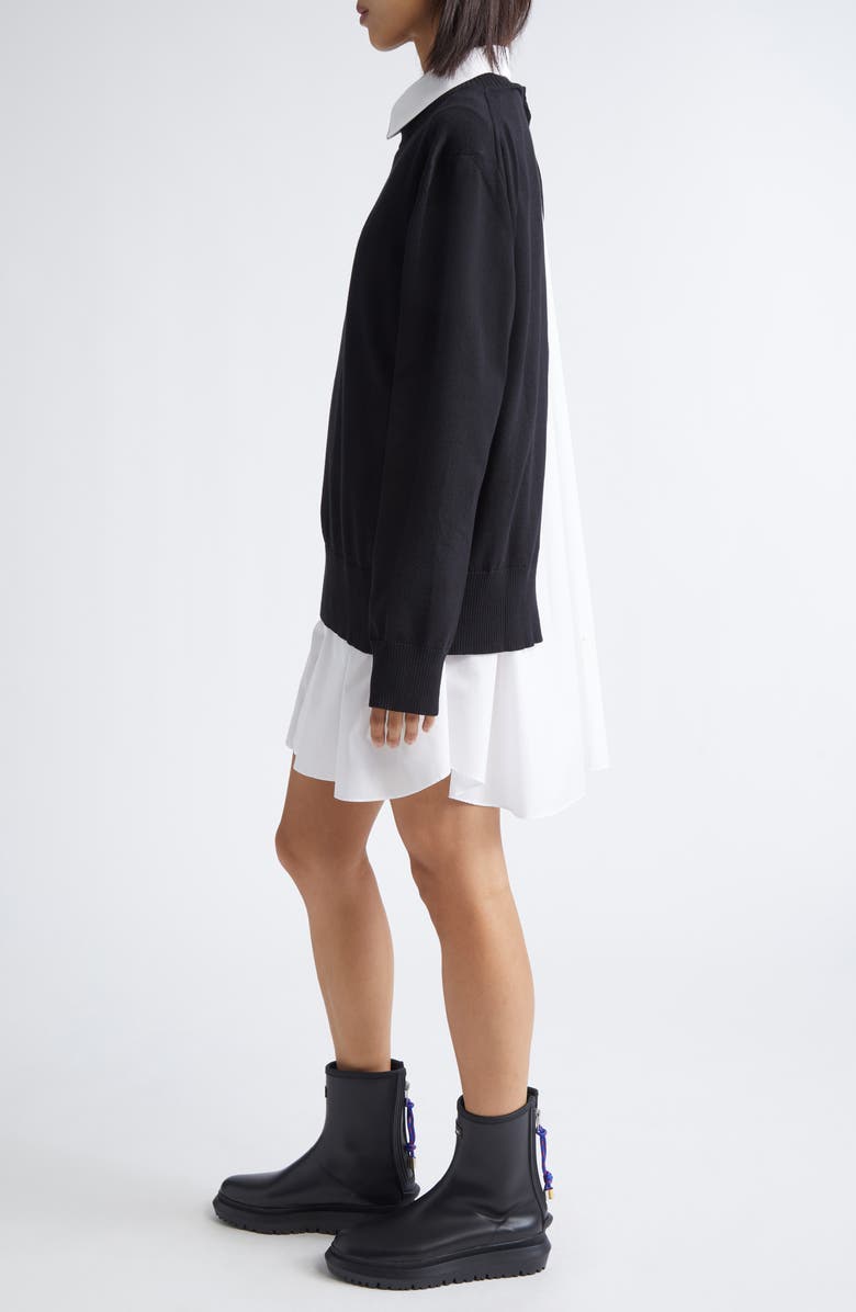 Sacai Mixed Media Layered Long Sleeve Knit & Poplin Dress, Alternate, color, Black/ Off White