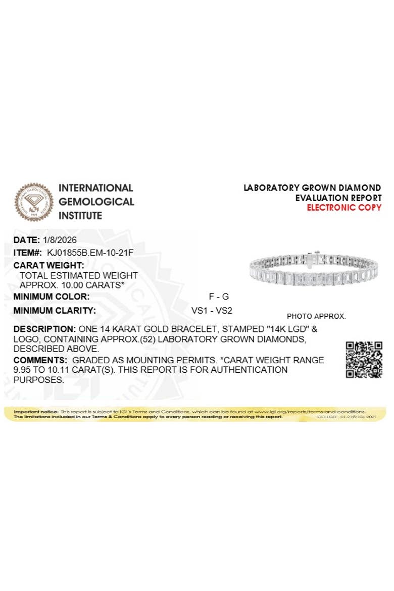 IGI Certified 14K White Gold 10.0 Cttw Emerald Cut Lab Grown Diamond Tennis Bracelet, Alternate, color, White Gold