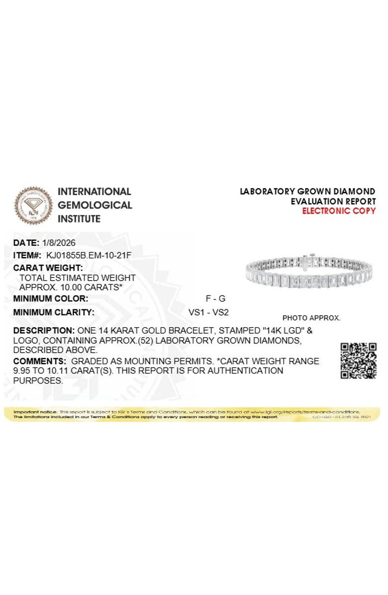 Haus of Brilliance IGI Certified 14K White Gold 10.0 Cttw Emerald Cut Lab Grown Diamond Tennis Bracelet, Alternate, color, White Gold