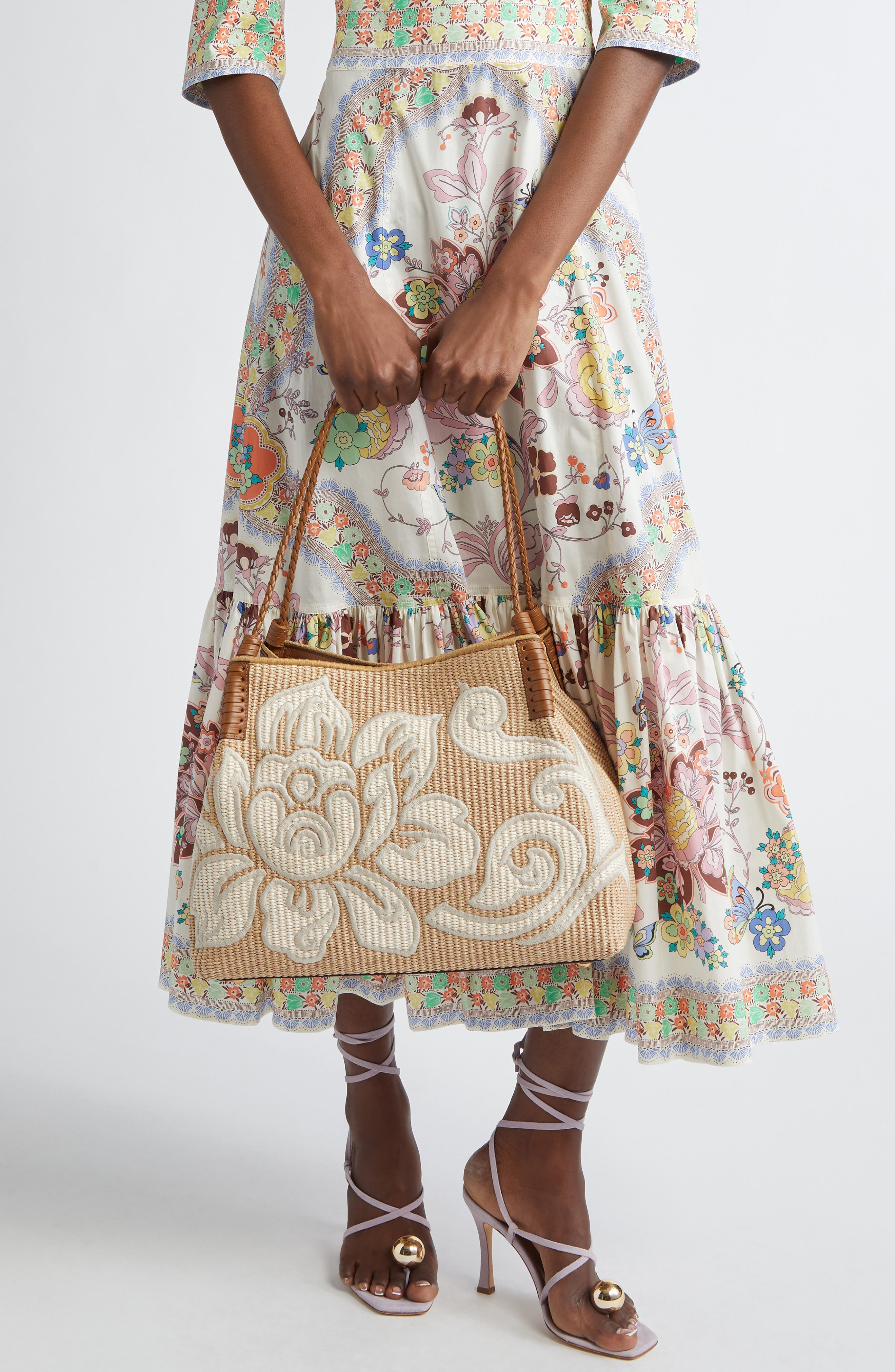 Etro Medium Libra Embroidered Raffia Tote, Alternate, color, 