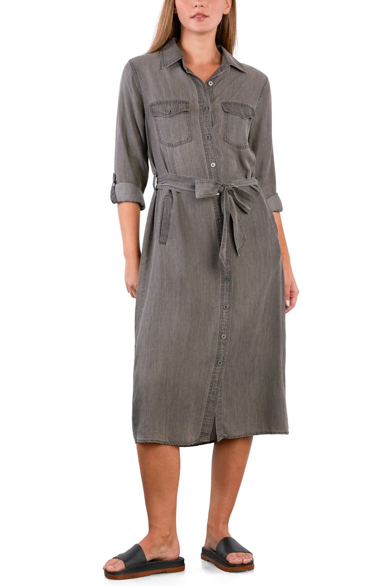 Soft Denim Belted Midi Shirtdress, Alternate, color, GREY PUFF