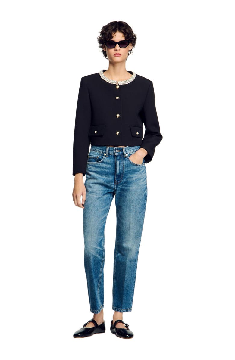 SANDRO Jacket with beaded collar, Alternate, color, Black