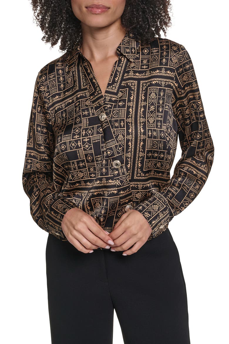 Print Surplice Shirt, Main, color, BLACK/ GOLD