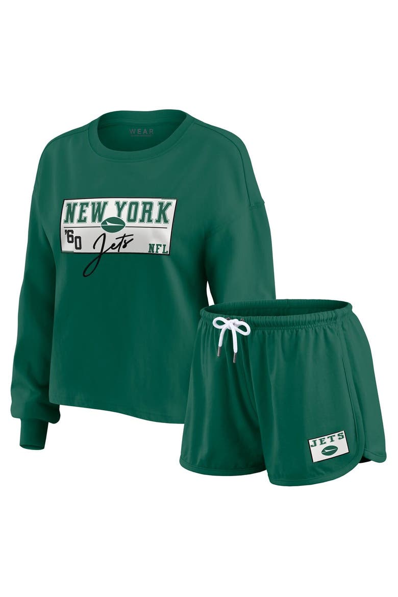 Women's WEAR by Erin Andrews Green New York Jets Heavy Rugby Jersey Long Sleeve T-Shirt & Shorts Lounge Set, Main, color, Green